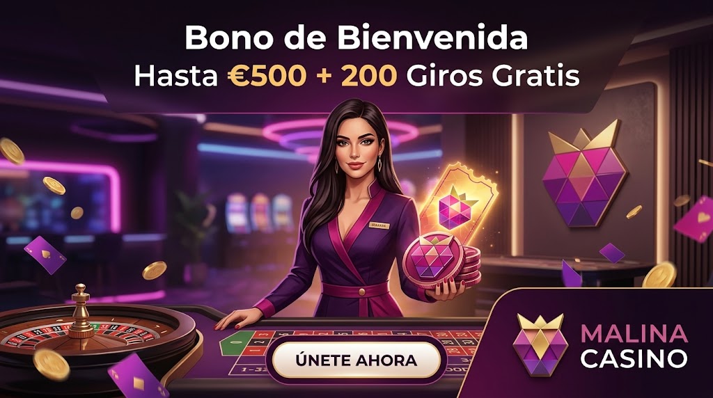 Oferta de bienvenida de Malina Casino junto a una ruleta en sala